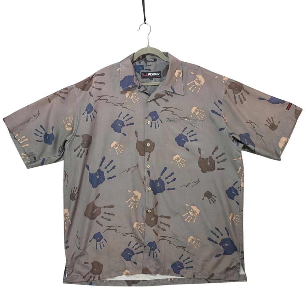 Vintage FUBU Mens XXL Button Up Shirt Gray Short Sleeve Hand Print Graphic